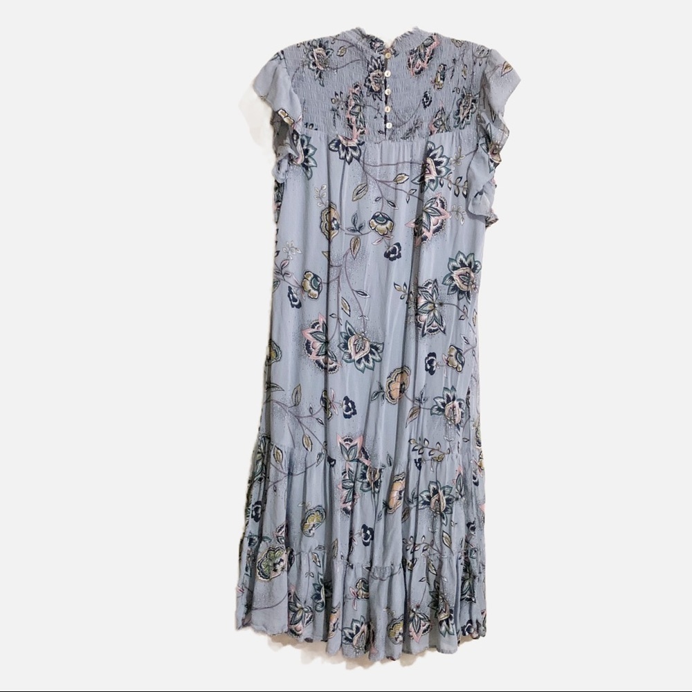 Dr2 Smocked Ruffled High Collar Button Back Blue Floral Maxi Dress. Size small - Picture 2 of 12